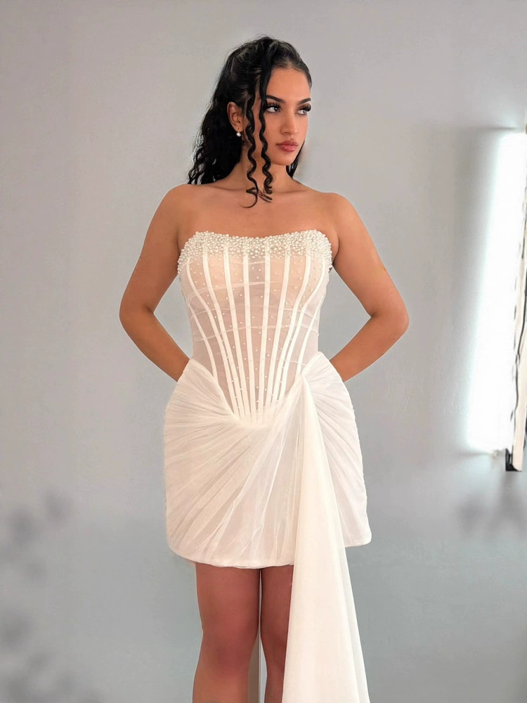 Ozvara Strapless Pearl Draped Corset Dress In White