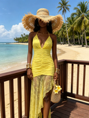 Iovrek Yellow Halter Neck Lace Maxi Dress