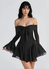 Jancis Long Sleeve Bardot A Line Dress In Black
