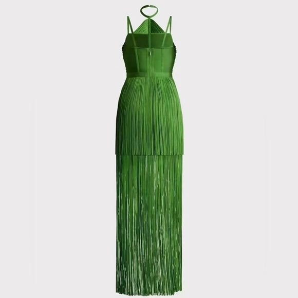 Bentley Halter Neck Fringe Tassel Dress In Green