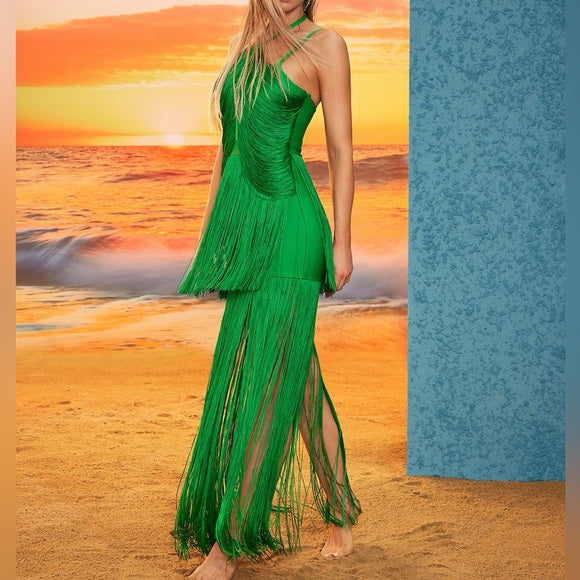 Bentley Halter Neck Fringe Tassel Dress In Green Night Novas Bentley Halter Neck Fringe Tassel Dress In Green Night Novas