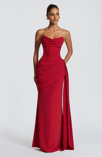 Graziella Strapless Ruched Maxi Dress In Red