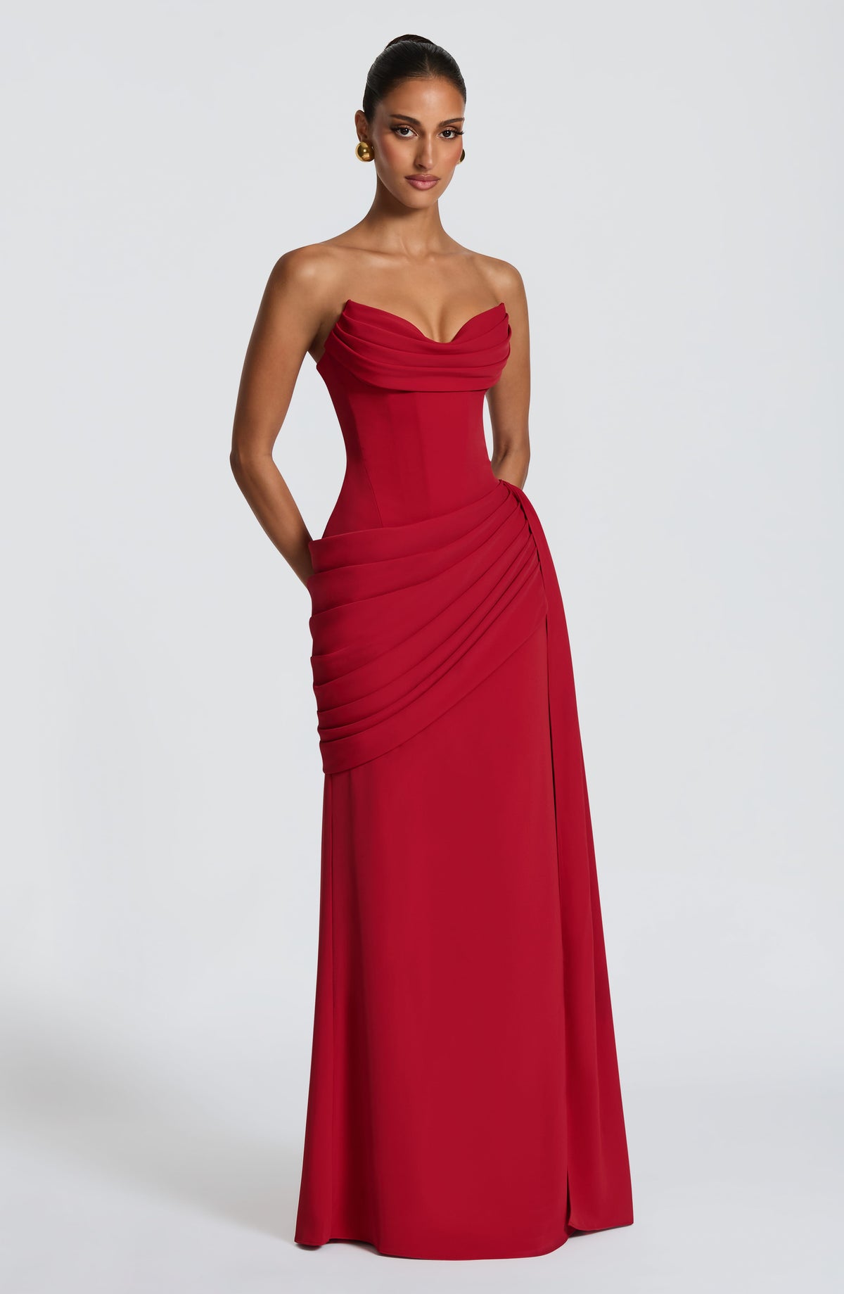 Graziella Strapless Ruched Maxi Dress In Red