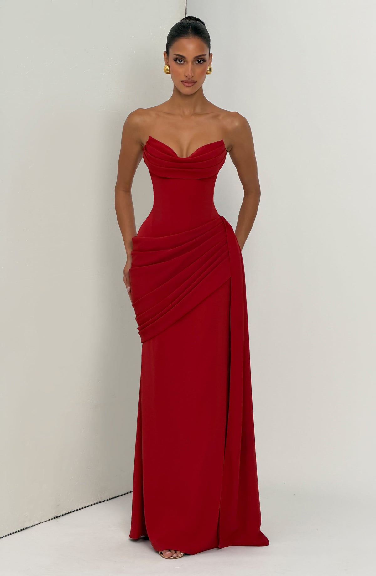 Graziella Strapless Ruched Maxi Dress In Red