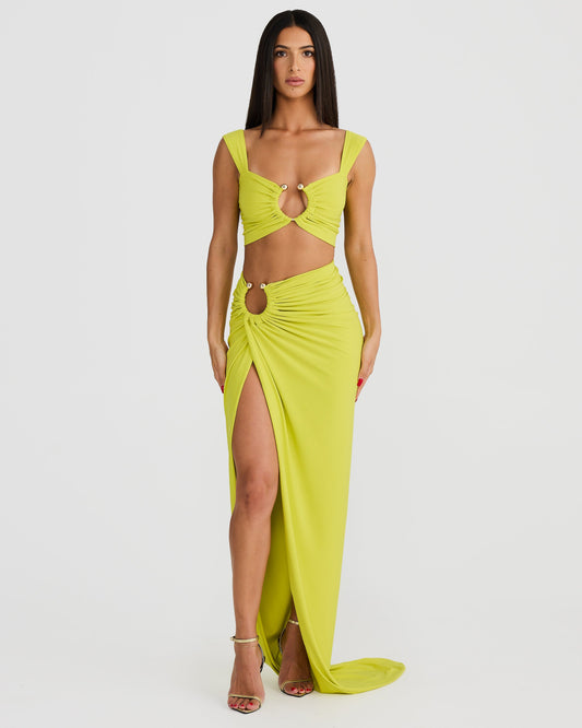 Bandit Strappy Strapless Pleated Slit Skirt Set In Yellow