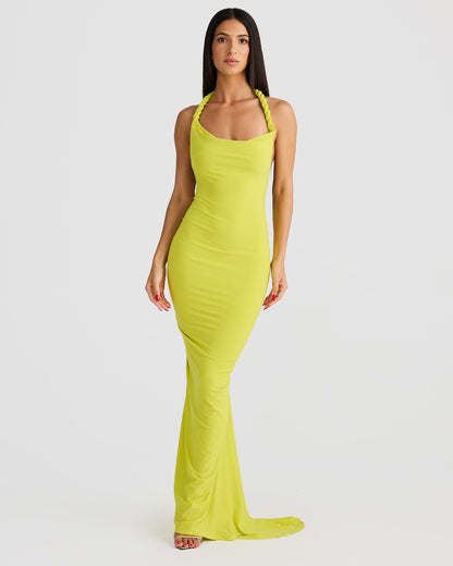 Misael Halterneck Backless Maxi Dress In Chartreuse