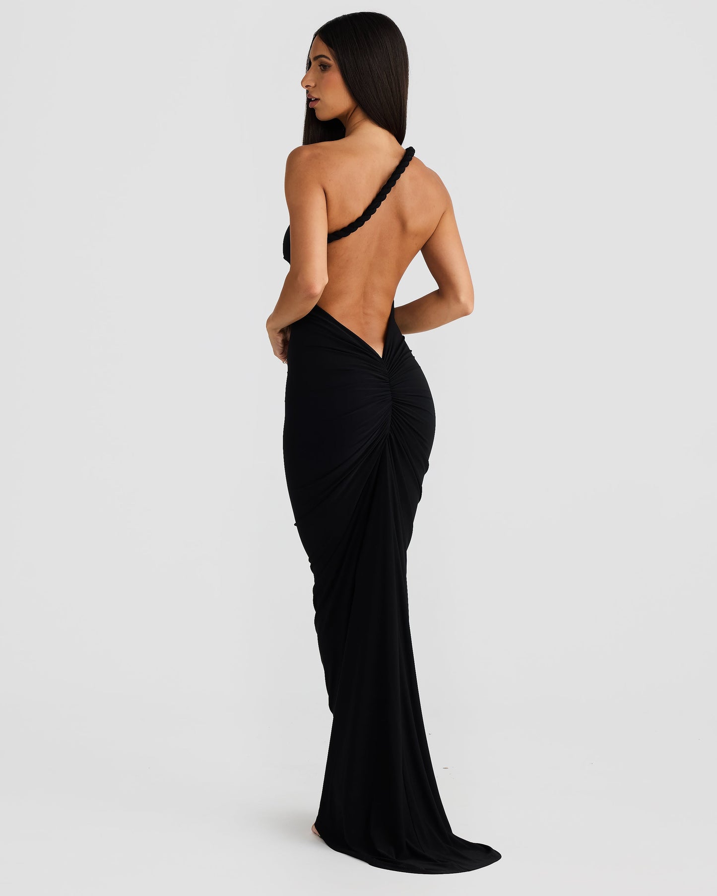 Lesya Halter Neck Pleated Backless Maxi Dress In Black