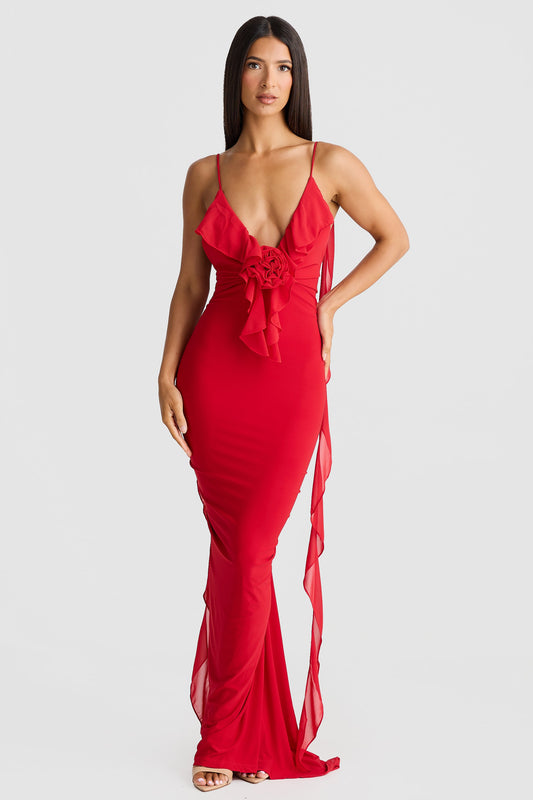 Pietro V-Neck Backless Maxi Dress In Red
