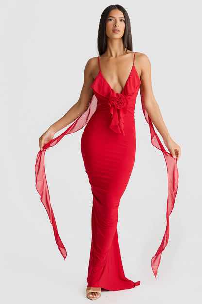 Pietro V-Neck Backless Maxi Dress In Red