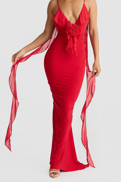 Pietro V-Neck Backless Maxi Dress In Red