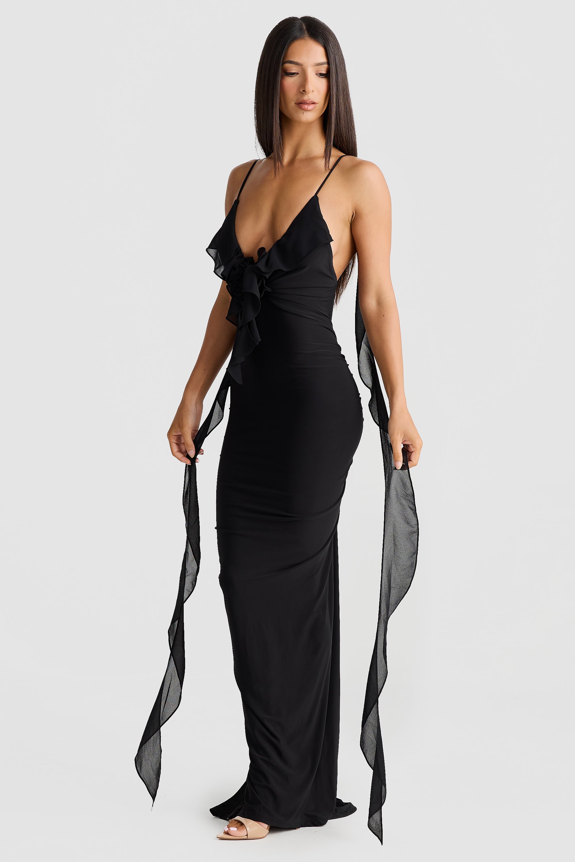 Pietro V-Neck Backless Maxi Dress In Black Night Novas Pietro V-Neck Backless Maxi Dress In Black Night Novas