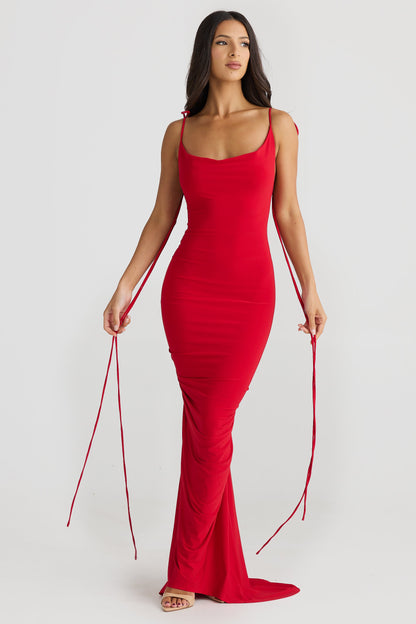 Reverie Backless Floral Lace-Up Maxi Dress In Red