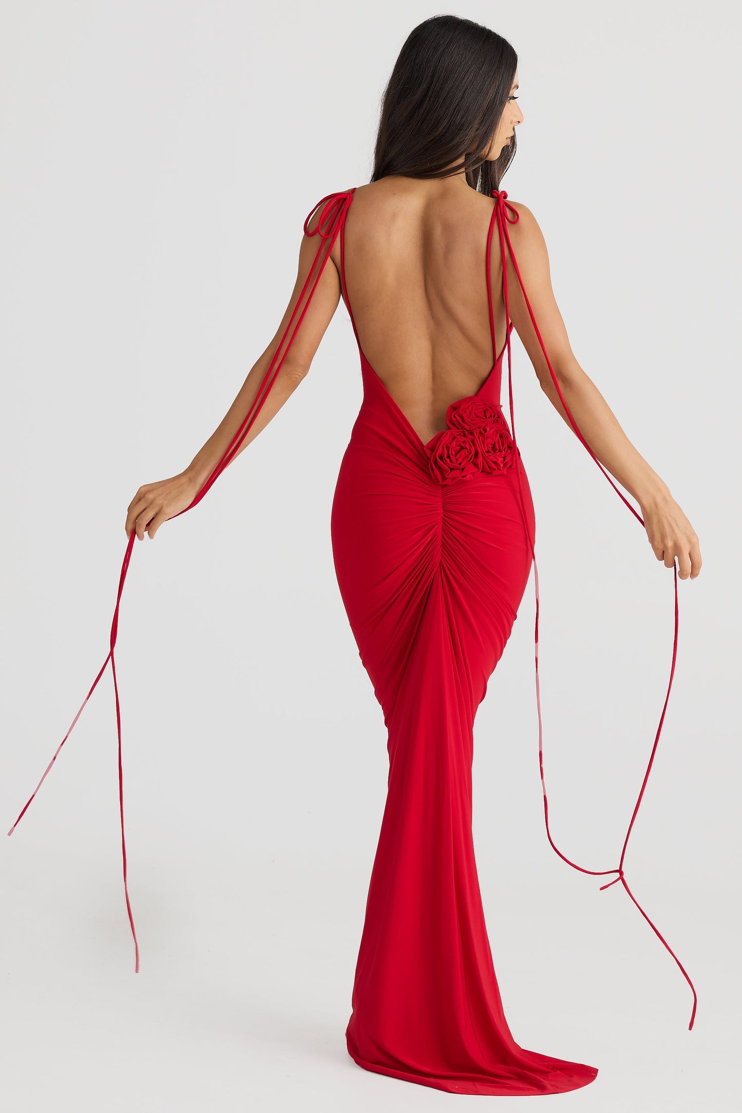 Reverie Backless Floral Lace-Up Maxi Dress In Red