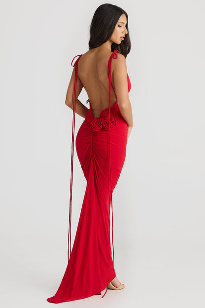 Reverie Backless Floral Lace-Up Maxi Dress In Red