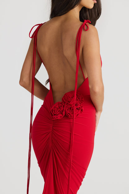 Reverie Backless Floral Lace-Up Maxi Dress In Red