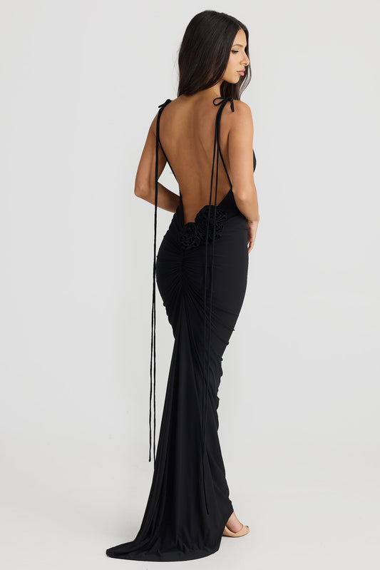 Reverie Backless Floral Lace-Up Maxi Dress In Black