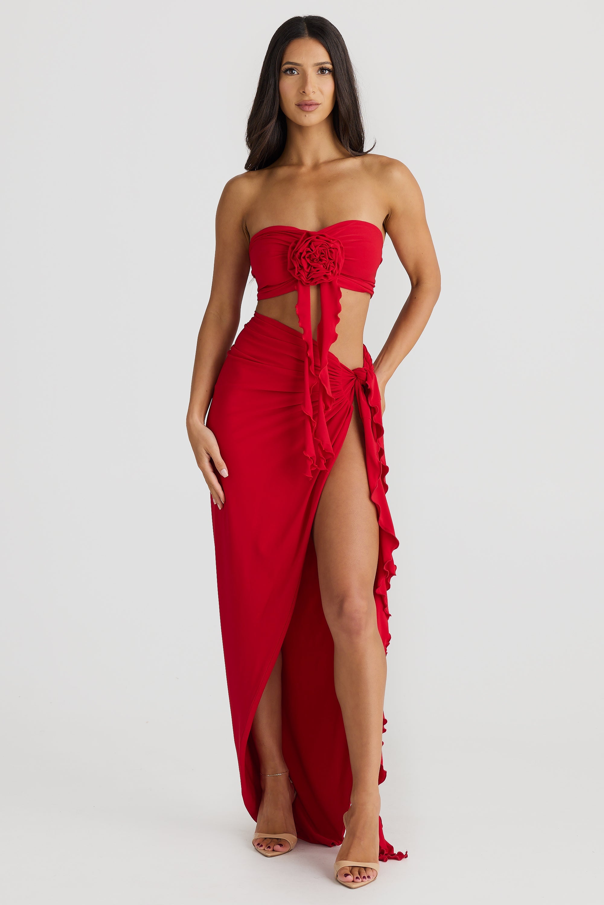 Jamila Strapless Floral Pleated Maxi Dress In Red