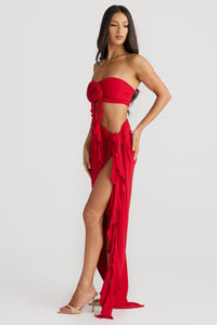 Jamila Strapless Floral Pleated Maxi Dress In Red