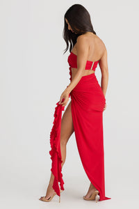 Jamila Strapless Floral Pleated Maxi Dress In Red
