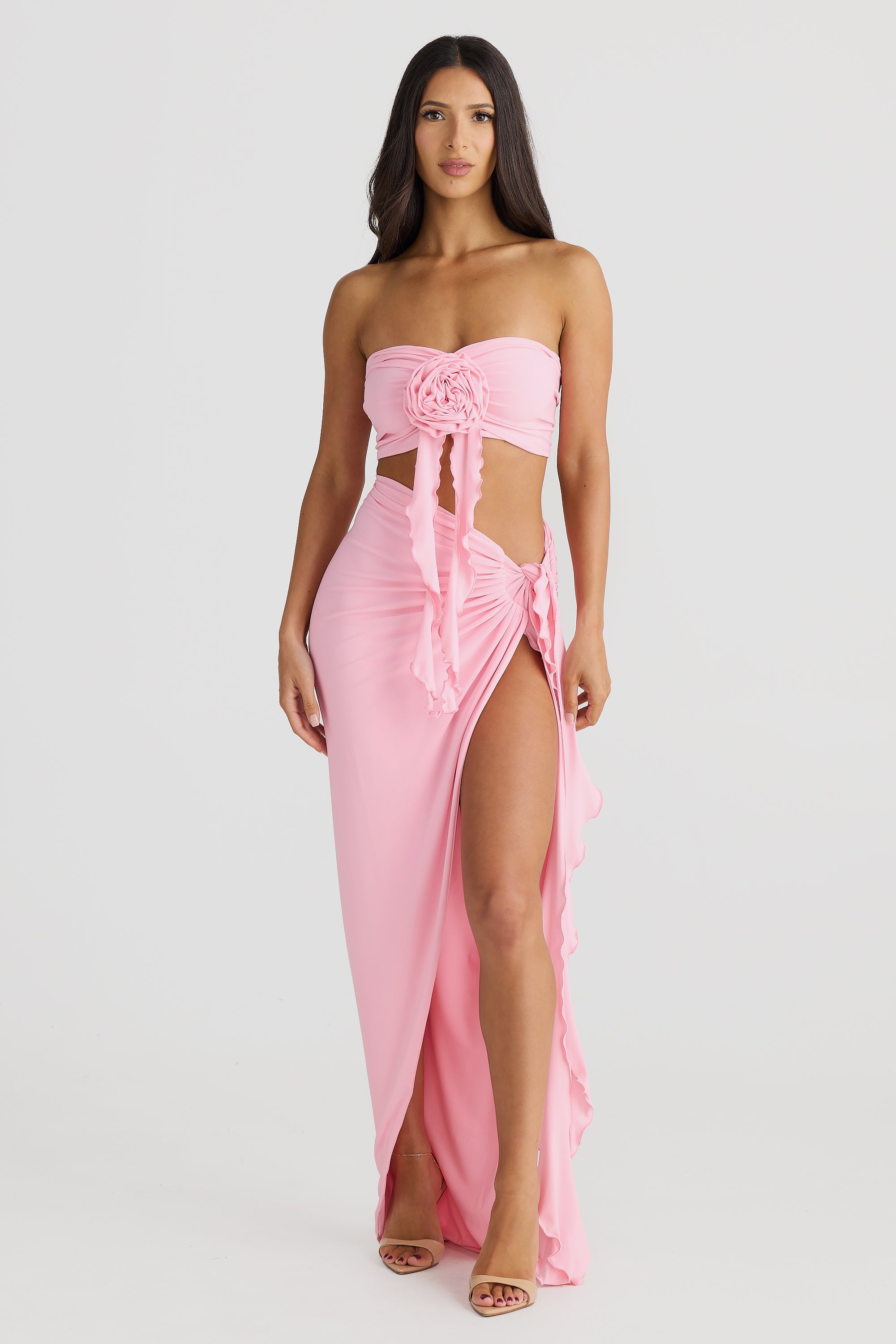 Jamila Strapless Floral Pleated Maxi Dress In Pink