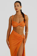 Marella Swimsuit Braided Suspender Top Slit Skirt Set In Orange