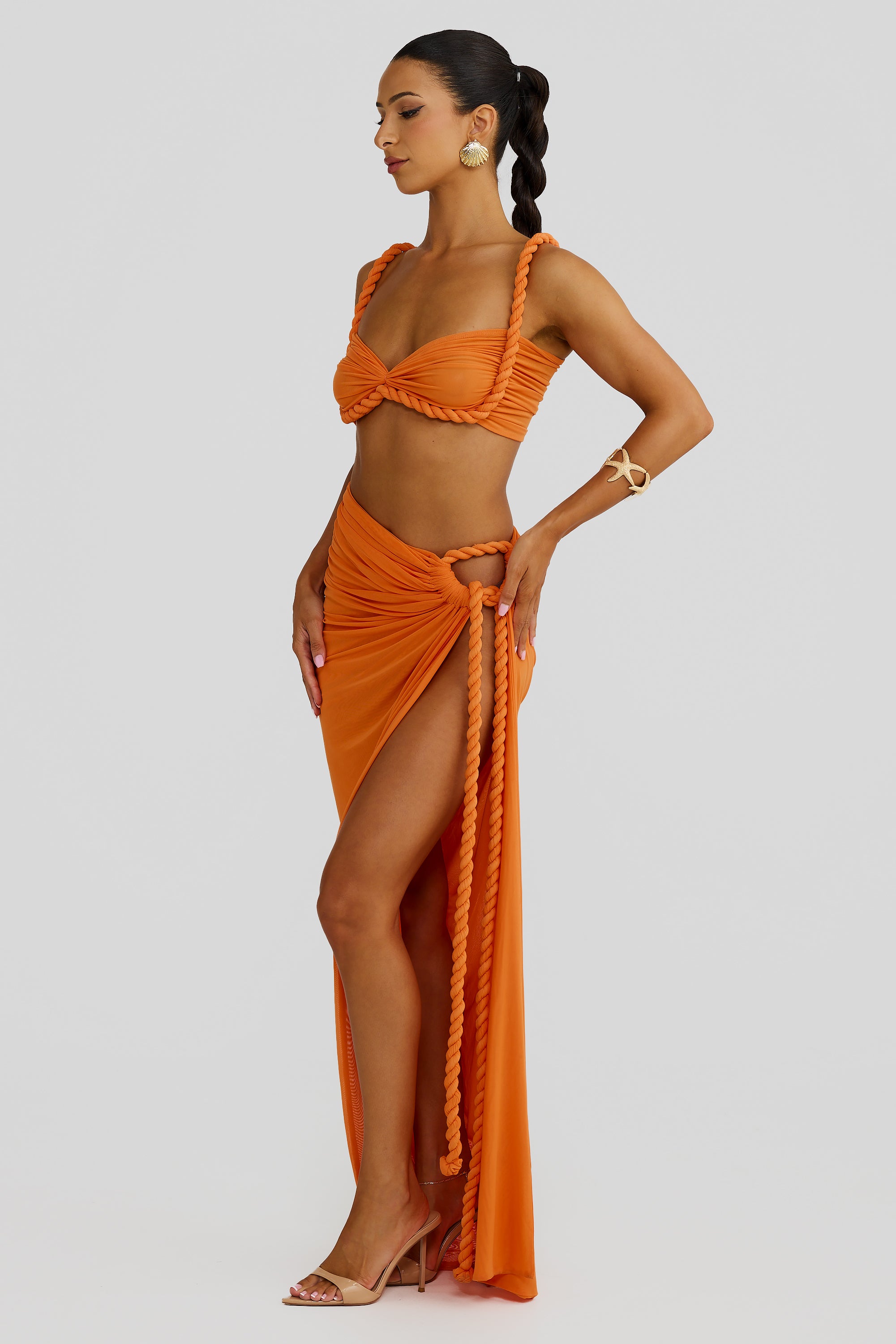 Marella Swimsuit Braided Suspender Top Slit Skirt Set In Orange