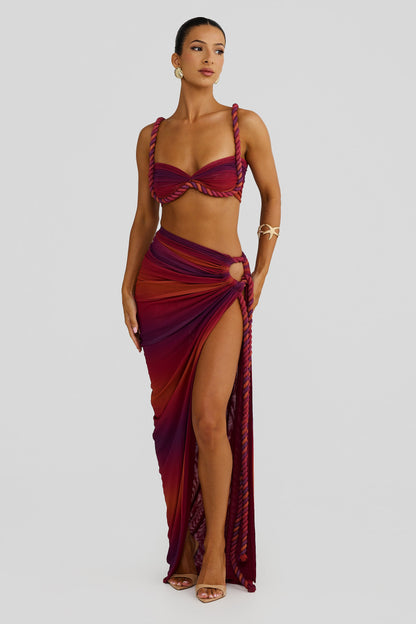 Marella Swimsuit Braided Suspender Top Slit Skirt Set In Wine Red