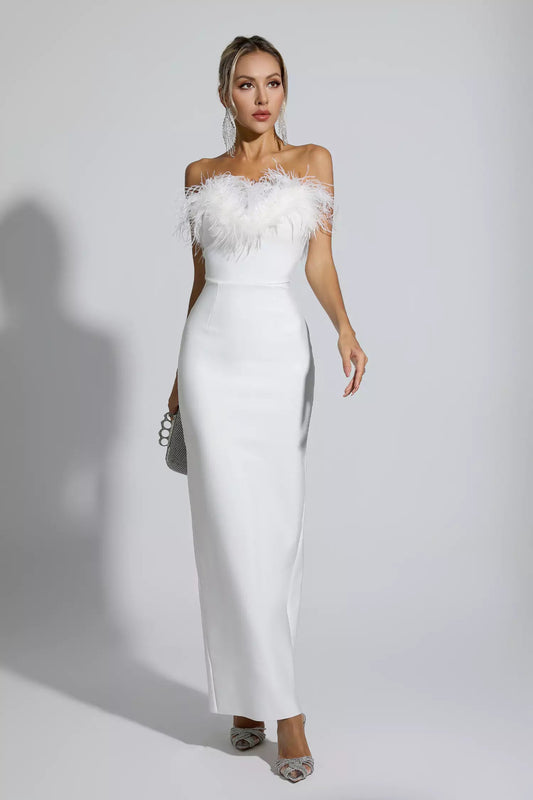 Euopa White Feather Tassel Maxi Dress