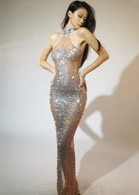 Gisele Halterneck Rhinestone Maxi Dress In White