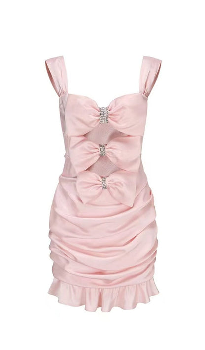 Kusala Bow Cut Out Ruched Mini Dress In Pink