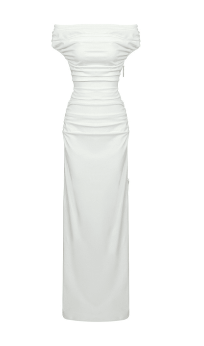 Cupid Slash Neck Pleated Maxi Dress In White
