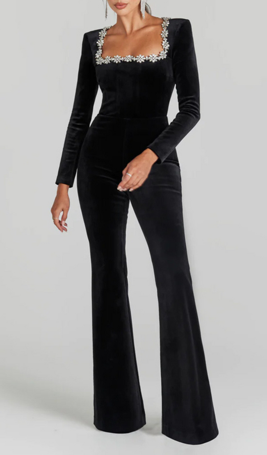 Kellie Long Sleeve Crystal Neckline Jumpsuit In Black
