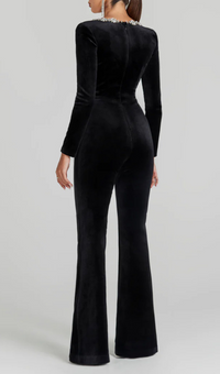 Kellie Long Sleeve Crystal Neckline Jumpsuit In Black