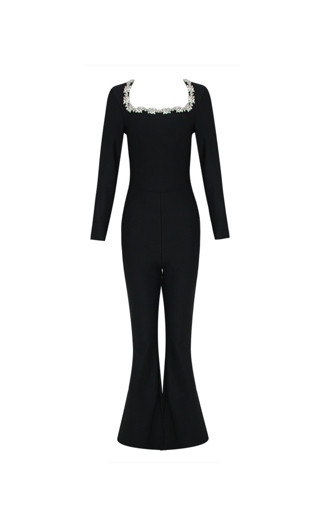 Kellie Long Sleeve Crystal Neckline Jumpsuit In Black
