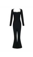 Kellie Long Sleeve Crystal Neckline Jumpsuit In Black