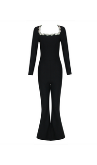 Kellie Long Sleeve Crystal Neckline Jumpsuit In Black