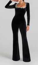 Kellie Long Sleeve Crystal Neckline Jumpsuit In Black