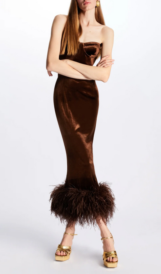 Oiala Strapless Bustier Feather Hem Midi Velvet Dress Brown