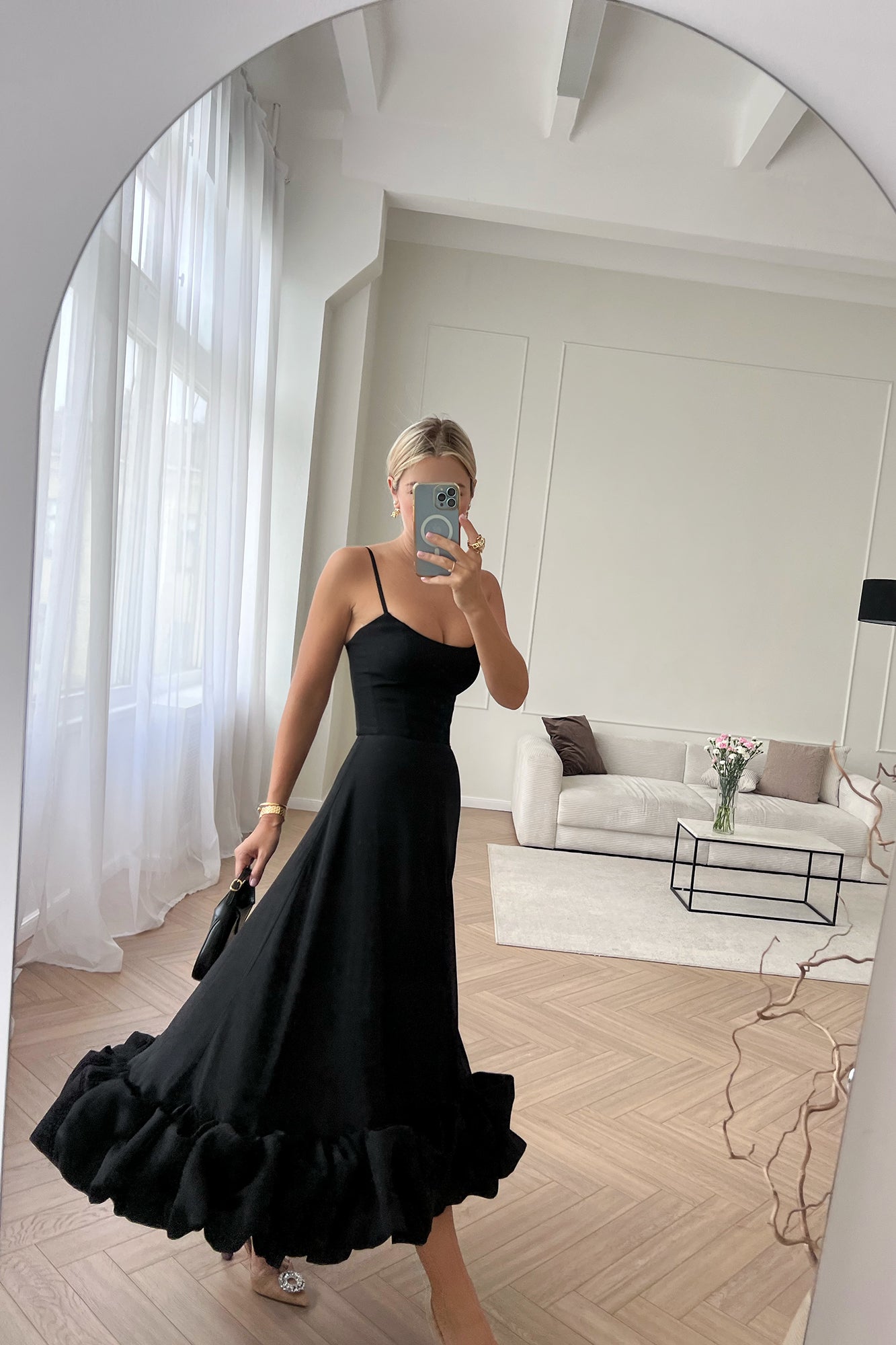 Maryam Flounce Bustier Midi Dress In Black