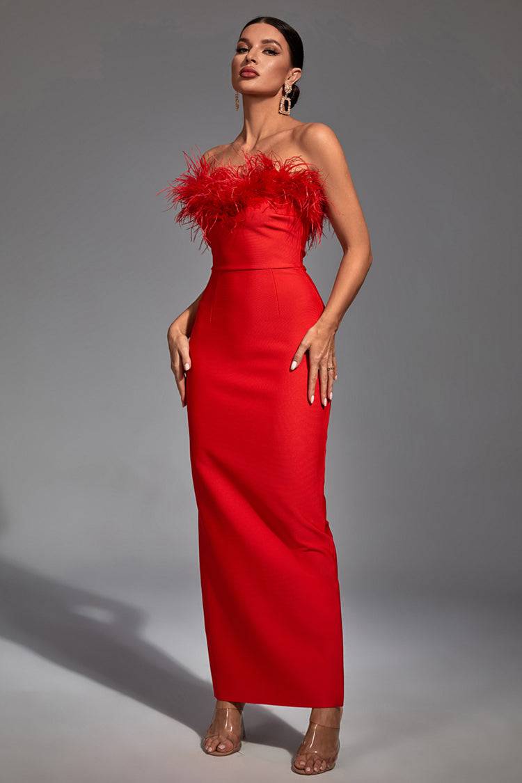 red dress feather sleeves Gothic Red Sequin and Feather Dress - Long Sleeve Illusion Formal Dress