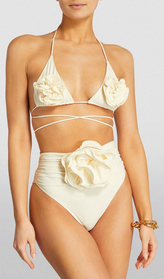 Caba Floral Applique Triangle Bikini Suit In White