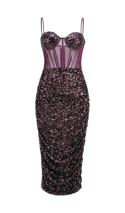 Montigo Sequin Corset Midi Dress In Wine