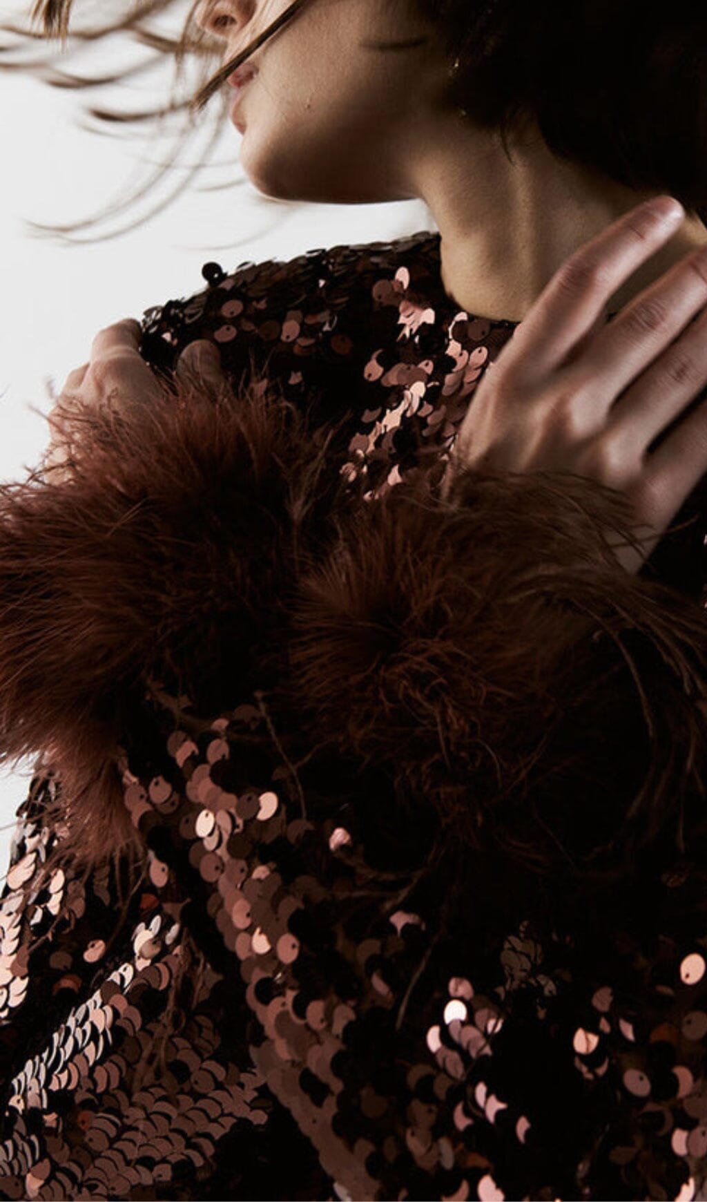 Grasa Sequin Patchwork Plush Cuff Dress In Brown