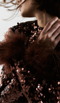 Grasa Sequin Patchwork Plush Cuff Dress In Brown