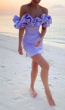 Miney Satin A-Line Neckline Ruffle Mini Dress In Purple