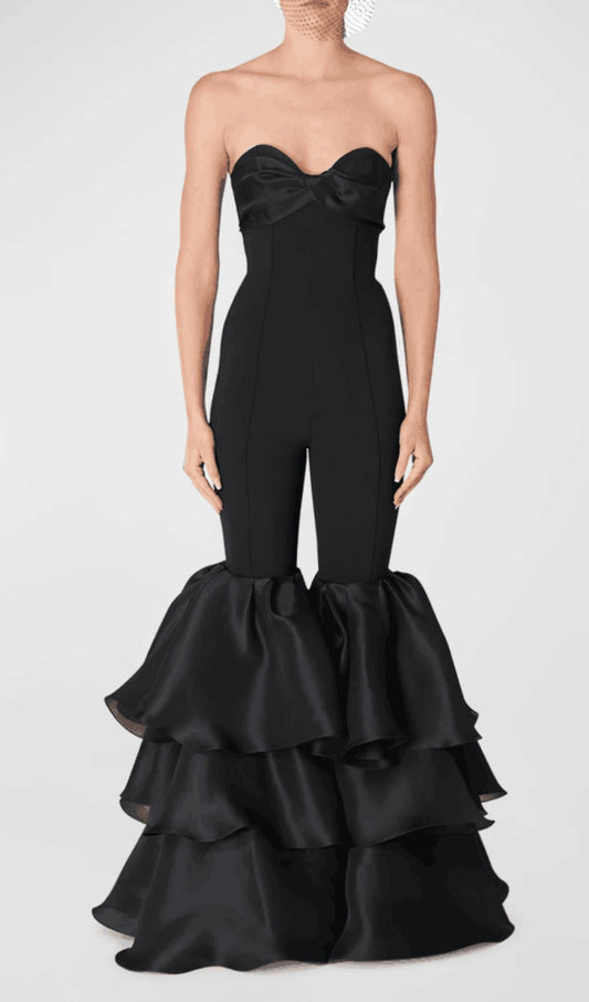 Orelia Strapless Jumpsuit With Tiered Ruffle Hem In Black