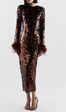 Grasa Sequin Patchwork Plush Cuff Dress In Brown