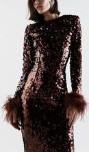 Grasa Sequin Patchwork Plush Cuff Dress In Brown