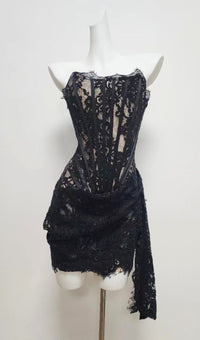 Kellie Strapless Lace Appliques Mini Dress In Black