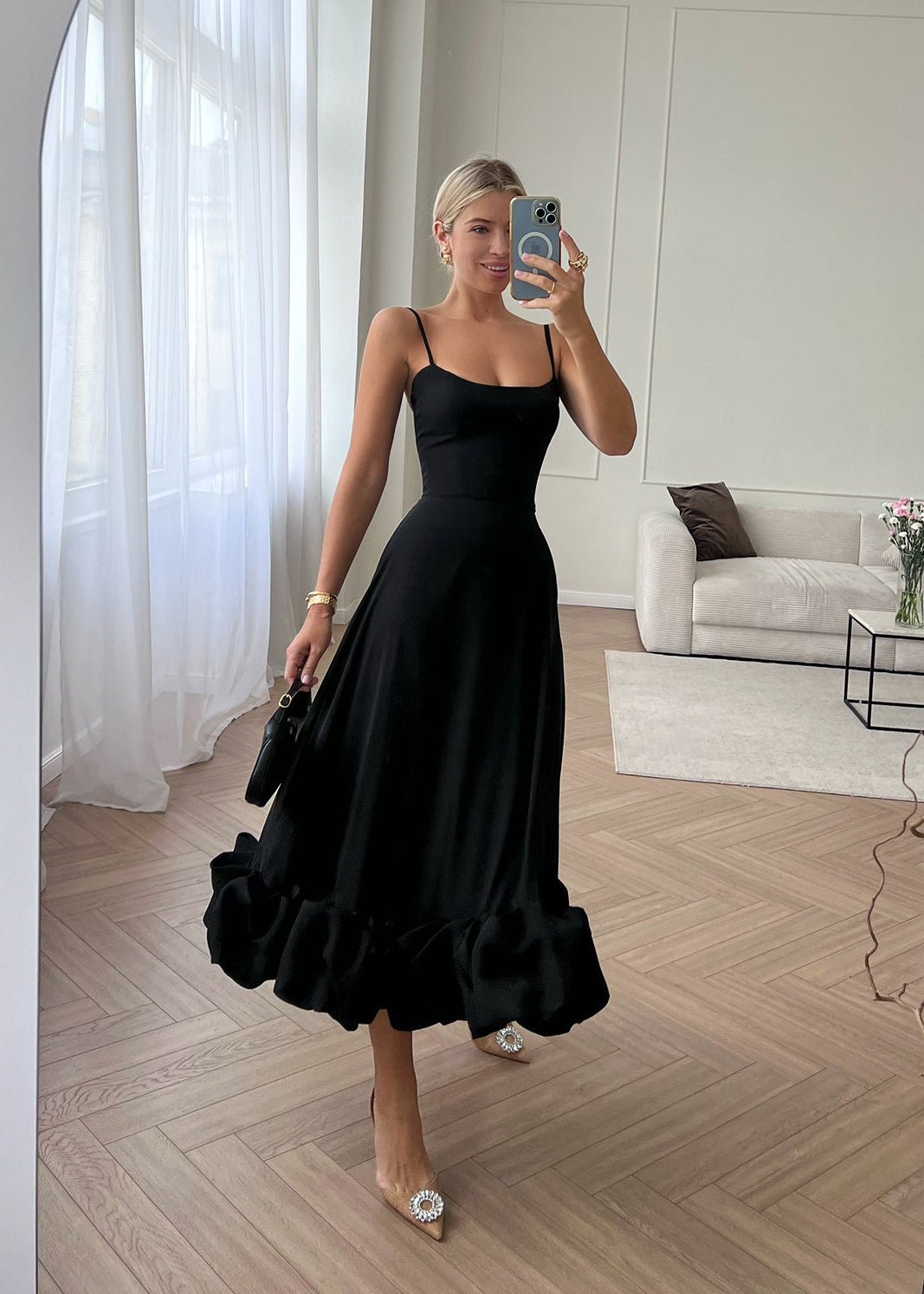 Maryam Flounce Bustier Midi Dress In Black